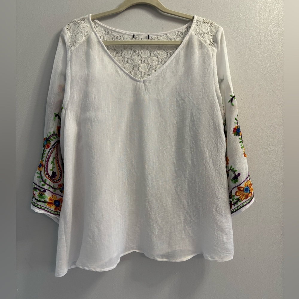 Boho Embroidered V-Neck Blouse White Lace Yoke Floral Bell Sleeve L
